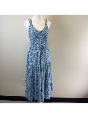 Women’s Blue Floral Long Tiered Maxi Dress Sleeveless Tie in Back Beach Sundress